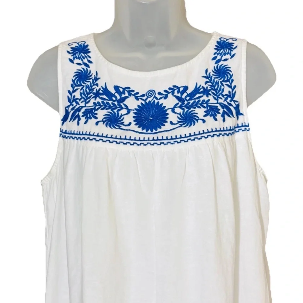 J. Crew Embroidered Dress Size M White Blue Linen Cotton Lined Beachy Boho - Picture 2 of 10